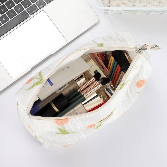 Women Kawaii Floral Cosmetic Large Travel Toiletry Cosmetic Pouch Creamy Tulip - Picture 4 of 7